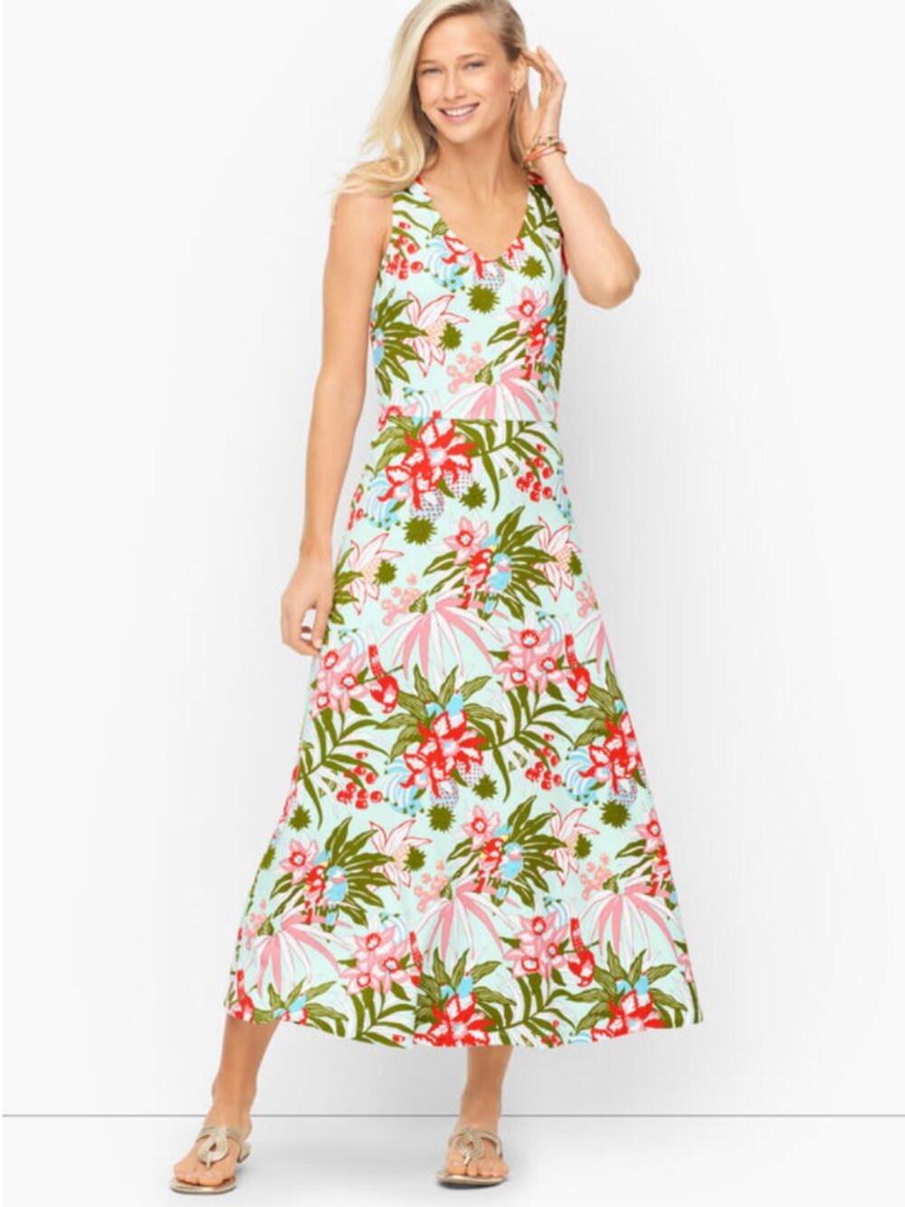 Talbots Plus 2X. Floral V-Neck Maxi Dress in Mint and Coral